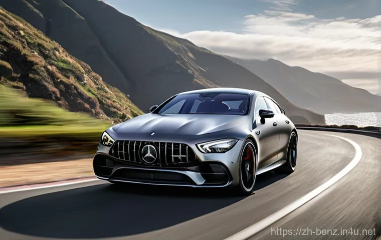 벤츠 AMG GT 4도어 쿠페의 퍼포먼스 - **Prompt 1: Dynamic Driving Sensation on a Winding Road**
    "A photorealistic, cinematic shot of a...