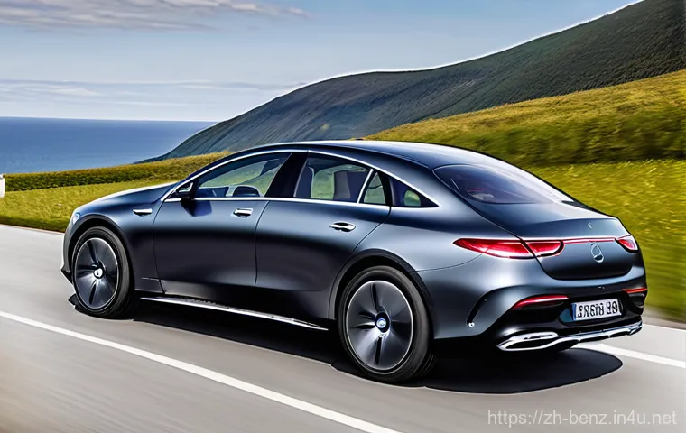 벤츠 EQS의 충전 속도 테스트 - A sleek Mercedes-Benz EQS electric sedan is neatly parked in a well-organized, spacious home garage ...