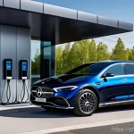 벤츠 EQS의 최신 충전 기술 - **Prompt:** A sleek, dark blue Mercedes-Benz EQS is parked at a modern, high-power charging station,...