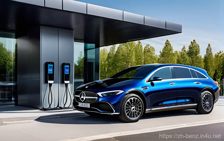 벤츠 EQS의 최신 충전 기술 - **Prompt:** A sleek, dark blue Mercedes-Benz EQS is parked at a modern, high-power charging station,...