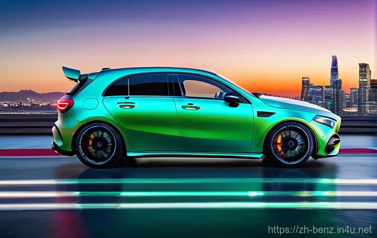 벤츠 AMG A45의 고성능 하이브리드 - A sleek, next-generation Mercedes-AMG A45 S high-performance hybrid car, gleaming under the dynamic ...