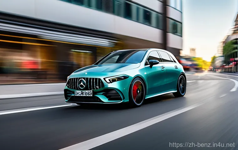 벤츠 AMG A45의 고성능 하이브리드 - A sleek, next-generation Mercedes-AMG A45 S high-performance hybrid car, gleaming under the dynamic ...